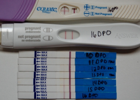 Alors, considérons des tests de grossesse positifs, des photos de leur dynamique, en fonction de l'augmentation de l'âge gestationnel